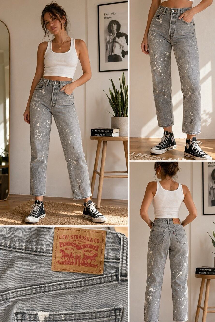 Levi’s Ribcage Straight Ankle Jeans W28 Gray Bleach Splatter Grunge Y2K